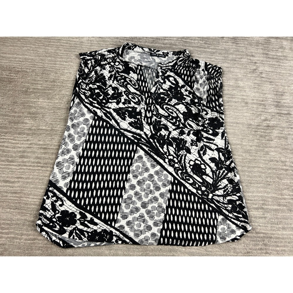 Cable & Gauge Top Womens L Black Floral Geometric Patchwork Sleeveless V-Neck